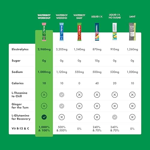 Waterboy Workout Hydration | 2,960mg Sugar Free Electrolyte Powder Packets | L-Glutamine + Vitamins | No Sugar, All Natural, Gluten Free | 15 Drink Stick Mixes (Lemon Lime)