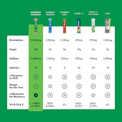 Waterboy Workout Hydration | 2,960mg Sugar Free Electrolyte Powder Packets | L-Glutamine + Vitamins | No Sugar, All Natural, Gluten Free | 15 Drink Stick Mixes (Lemon Lime)