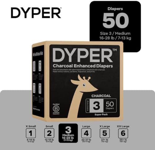 DYPER - Charcoal Enhanced Day &amp; Overnight Disposable Baby Diapers - Made with Plant-Based* &amp; Skin-Friendly Ingredients, Hypoallergenic for Sensitive Skin - Size 2, (56 Count)