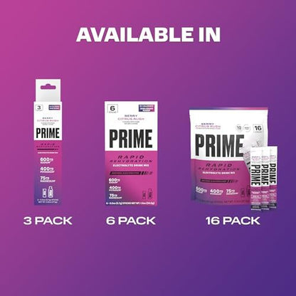 Prime Rapid Rehydration Electrolyte Powder Sticks, Berry Citrus Rush, Sugar Free Hydration Drink Mix with Sodium, Potassium &amp; B Vitamins, Caffeine Free, 16 Count