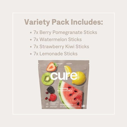 Cure Hydration | Plant-Based Electrolyte Drink Mix | No Added Sugar | FSA-HSA | Dehydration Relief Powder Made with Coconut Water | Non-GMO | Vegan | 8 Packets - Variety Pack