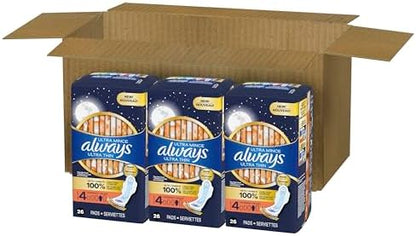 Always Maxi Overnight Pads with Wings for Women, Size 4, Overnight Absorbency, Unscented, 33 Count