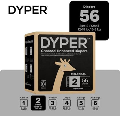 DYPER - Charcoal Enhanced Day &amp; Overnight Disposable Baby Diapers - Made with Plant-Based* &amp; Skin-Friendly Ingredients, Hypoallergenic for Sensitive Skin - Size 2, (56 Count)