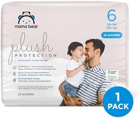 Amazon Brand - Mama Bear Plush Protection Diapers - Size 5, 31 Count, Hypoallergenic Premium Disposable Baby Diapers, White and Cloud Dreams