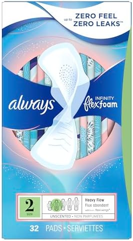 Always Infinity Feminine Pads for Women, Flexfoam Pads with Wings, Size 2, Heavy Absorbency, Unscented, 46 Count