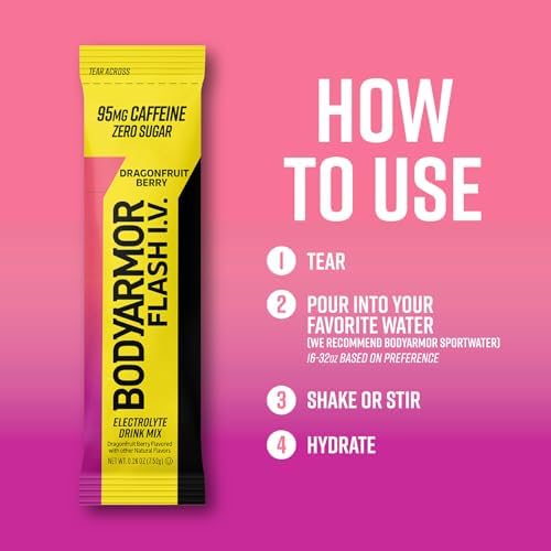 BODYARMOR Flash IV Electrolyte Packets, Strawberry Kiwi - Zero Sugar Drink Mix, Single Serve Packs, Coconut Water Powder (6 Count)