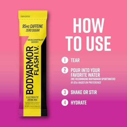 BODYARMOR Flash IV Electrolyte Packets, Strawberry Kiwi - Zero Sugar Drink Mix, Single Serve Packs, Coconut Water Powder (6 Count)