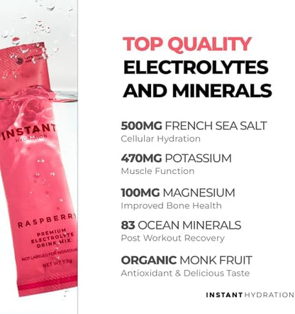 Instant Hydration Electrolytes Powder Packets - Raspberry Electrolyte Drink Mix - Zero Sugar - Keto, Vegan, Gluten-Free, Non-GMO - Boost Recovery, Brain Health, Muscle &amp; Tissue Support- 30 Sticks
