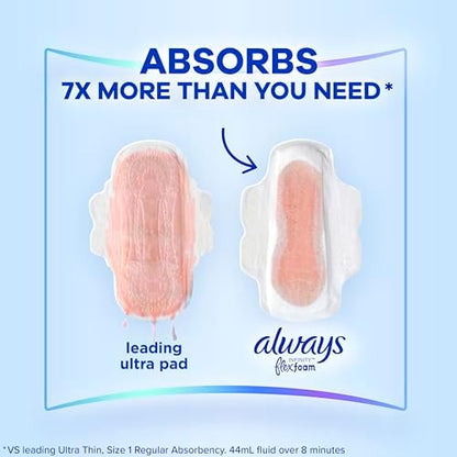 Always Infinity Feminine Pads for Women, Flexfoam Pads with Wings, Size 2, Heavy Absorbency, Unscented, 46 Count