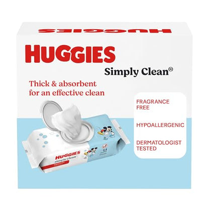 Huggies Simply Clean Unscented Baby Diaper Wipes, 3 Flip-Top Packs (192 Wipes Total), Packaging May Vary