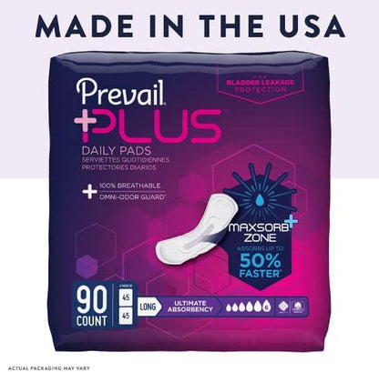 Prevail Plus | Long Length Incontinence Bladder Control Pads | Ultimate Absorbency | 90 Count (2 packs or 45)