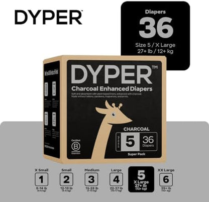 DYPER - Charcoal Enhanced Day &amp; Overnight Disposable Baby Diapers - Made with Plant-Based* &amp; Skin-Friendly Ingredients, Hypoallergenic for Sensitive Skin - Size 2, (56 Count)
