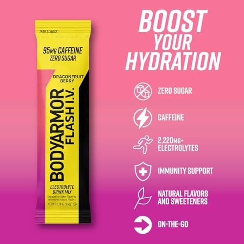 BODYARMOR Flash IV Electrolyte Packets, Strawberry Kiwi - Zero Sugar Drink Mix, Single Serve Packs, Coconut Water Powder (6 Count)