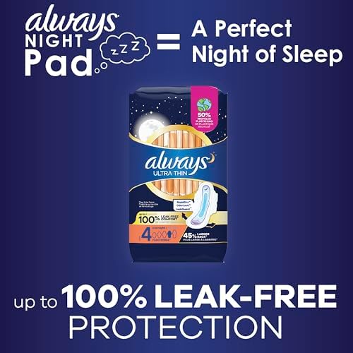 Always Maxi Overnight Pads with Wings for Women, Size 4, Overnight Absorbency, Unscented, 33 Count