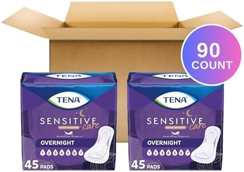 TENA Sensitive Care Incontinence Pads, Bladder Control, Postpartum for Women, Overnight Absorbency, Extra Coverage, 90 Count