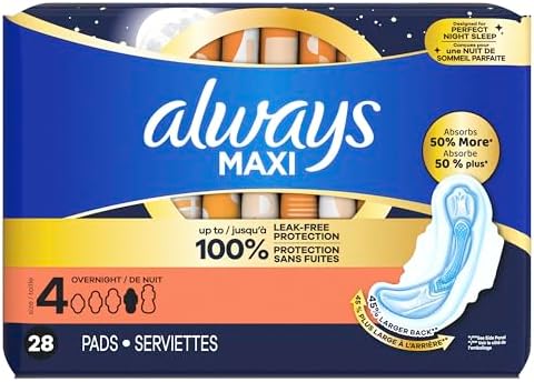 Always Maxi Overnight Pads with Wings for Women, Size 4, Overnight Absorbency, Unscented, 33 Count