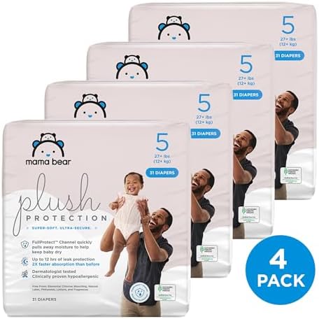 Amazon Brand - Mama Bear Plush Protection Diapers - Size 5, 31 Count, Hypoallergenic Premium Disposable Baby Diapers, White and Cloud Dreams