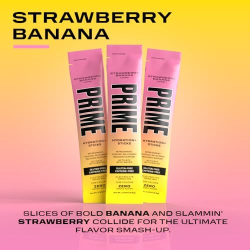 PRIME HYDRATION+ Sticks Strawberry Banana | Hydration Powder Single Serve Sticks | Electrolyte Powder On The Go | Low Sugar | Caffeine-Free | Vegan | 16 Sticks