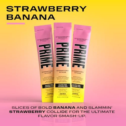 PRIME HYDRATION+ Sticks Strawberry Banana | Hydration Powder Single Serve Sticks | Electrolyte Powder On The Go | Low Sugar | Caffeine-Free | Vegan | 16 Sticks