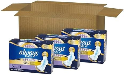Always Maxi Overnight Pads with Wings for Women, Size 4, Overnight Absorbency, Unscented, 33 Count