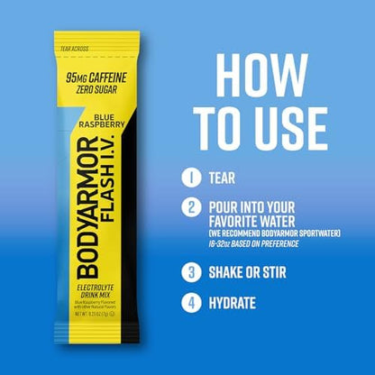 BODYARMOR Flash IV Electrolyte Packets, Strawberry Kiwi - Zero Sugar Drink Mix, Single Serve Packs, Coconut Water Powder (6 Count)
