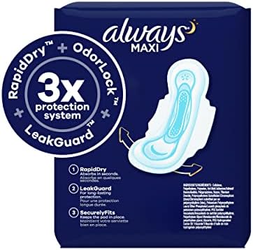 Always Maxi Overnight Pads with Wings for Women, Size 4, Overnight Absorbency, Unscented, 33 Count