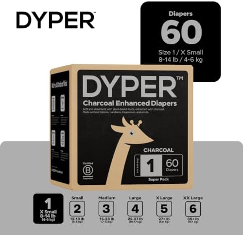 DYPER - Charcoal Enhanced Day &amp; Overnight Disposable Baby Diapers - Made with Plant-Based* &amp; Skin-Friendly Ingredients, Hypoallergenic for Sensitive Skin - Size 2, (56 Count)