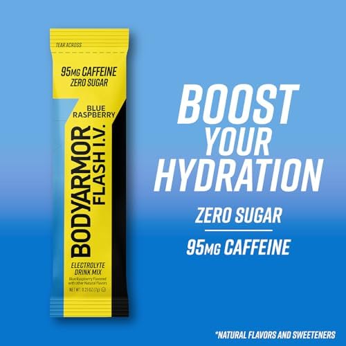 BODYARMOR Flash IV Electrolyte Packets, Strawberry Kiwi - Zero Sugar Drink Mix, Single Serve Packs, Coconut Water Powder (6 Count)