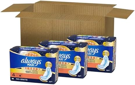 Always Maxi Overnight Pads with Wings for Women, Size 4, Overnight Absorbency, Unscented, 33 Count