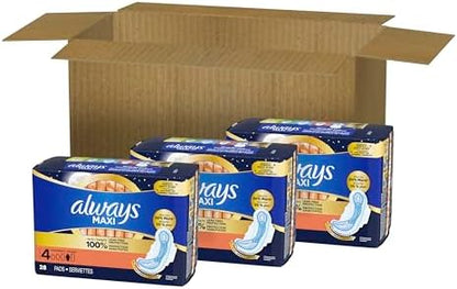Always Maxi Overnight Pads with Wings for Women, Size 4, Overnight Absorbency, Unscented, 33 Count