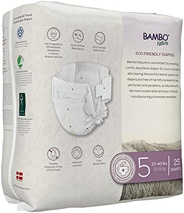 Bambo Nature Premium Eco-Friendly Baby Diapers, Size 5 (27-40 Lbs), 150 Count (6 Packs of 25)