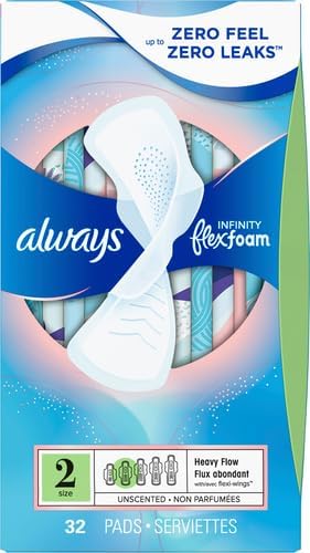 Always Infinity Feminine Pads for Women, Flexfoam Pads with Wings, Size 2, Heavy Absorbency, Unscented, 46 Count