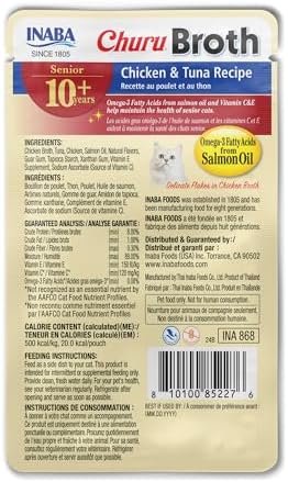 INABA Churu Broth for Cats Senior 10+, Side Dish Pouch, 1.4 Ounces per Pouch, 12 Pouches Total, Chicken &amp; Tuna Recipe