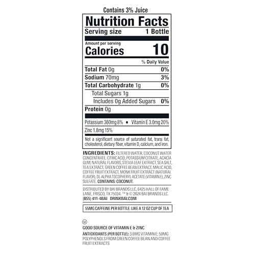 Bai Coconut Variety Pack, Antioxidant Infused Water Beverage, with Vitamin C and No Artificial Sweeteners, 18 fl oz bottles, 12 pack