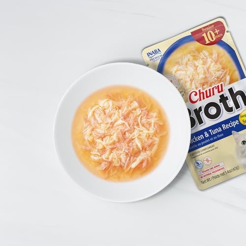 INABA Churu Broth for Cats Senior 10+, Side Dish Pouch, 1.4 Ounces per Pouch, 12 Pouches Total, Chicken &amp; Tuna Recipe