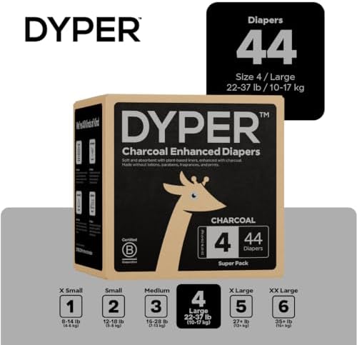 DYPER - Charcoal Enhanced Day &amp; Overnight Disposable Baby Diapers - Made with Plant-Based* &amp; Skin-Friendly Ingredients, Hypoallergenic for Sensitive Skin - Size 2, (56 Count)