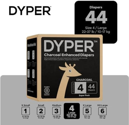 DYPER - Charcoal Enhanced Day &amp; Overnight Disposable Baby Diapers - Made with Plant-Based* &amp; Skin-Friendly Ingredients, Hypoallergenic for Sensitive Skin - Size 2, (56 Count)