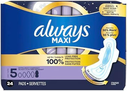 Always Maxi Overnight Pads with Wings for Women, Size 4, Overnight Absorbency, Unscented, 33 Count