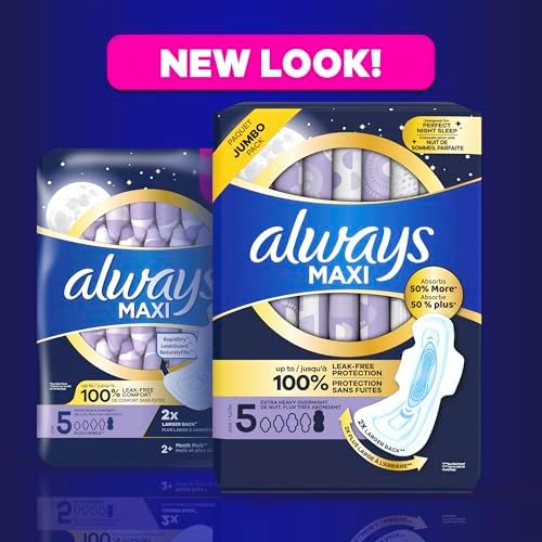 Always Maxi Overnight Pads with Wings for Women, Size 4, Overnight Absorbency, Unscented, 33 Count