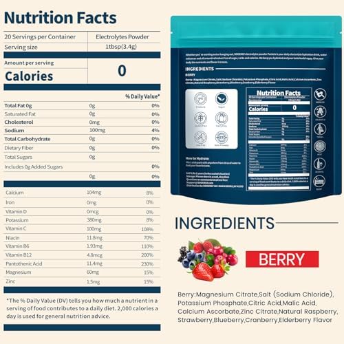 Electrolytes Powder Packets Sugar Free Hydration Packets, 7 Flavors Liquid Daily IV Electrolyte Drink Mixes for Rehydration with Electrolytes, Vitamins, 0 Calorie, 20 Sticks