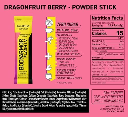BODYARMOR Flash IV Electrolyte Packets, Strawberry Kiwi - Zero Sugar Drink Mix, Single Serve Packs, Coconut Water Powder (6 Count)