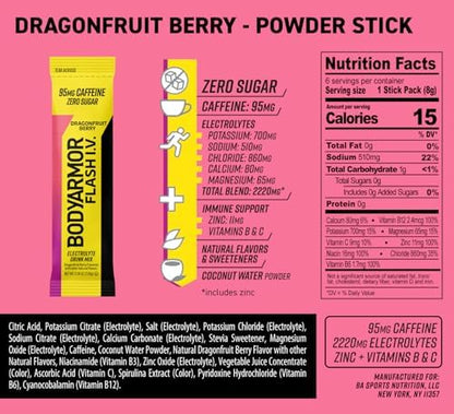 BODYARMOR Flash IV Electrolyte Packets, Strawberry Kiwi - Zero Sugar Drink Mix, Single Serve Packs, Coconut Water Powder (6 Count)