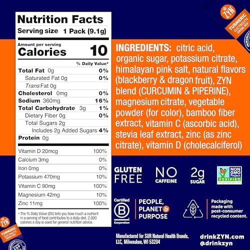 ZYN Electrolyte Drink Mix Hydration Packets, Electrolytes Powder, Hydration Packets w/Turmeric Curcumin, Vitamin C and D, Zinc, Hydrate Electrolyte Powder Packets for Wellness, Variety Pack of 24
