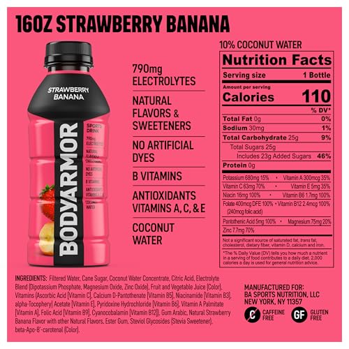 BODYARMOR Sports Drink Sports Beverage, Orange Mango, Coconut Water Hydration, Natural Flavors With Vitamins, Potassium-Packed Electrolytes, Perfect For Athletes, 16 Fl Oz (Pack of 12)