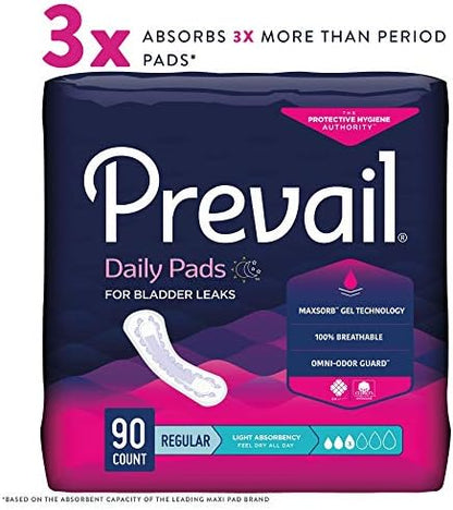 Prevail Plus | Long Length Incontinence Bladder Control Pads | Ultimate Absorbency | 90 Count (2 packs or 45)