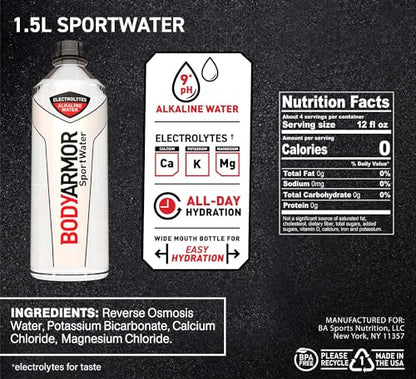 BODYARMOR SportWater Alkaline Water, Superior Hydration, High Alkaline Water pH 9+, Electrolytes, Perfect for your Active Lifestyle, 1 Liter (Pack of 12)