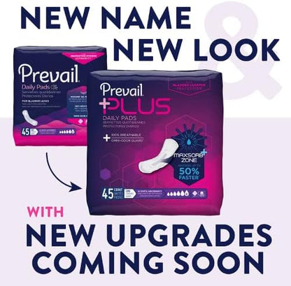 Prevail Plus | Long Length Incontinence Bladder Control Pads | Ultimate Absorbency | 90 Count (2 packs or 45)