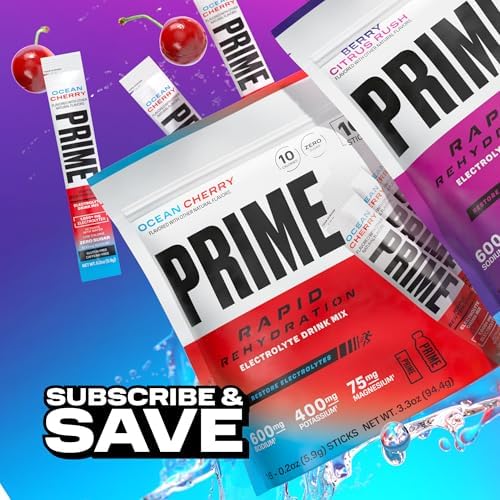 Prime Rapid Rehydration Electrolyte Powder Sticks, Berry Citrus Rush, Sugar Free Hydration Drink Mix with Sodium, Potassium &amp; B Vitamins, Caffeine Free, 16 Count