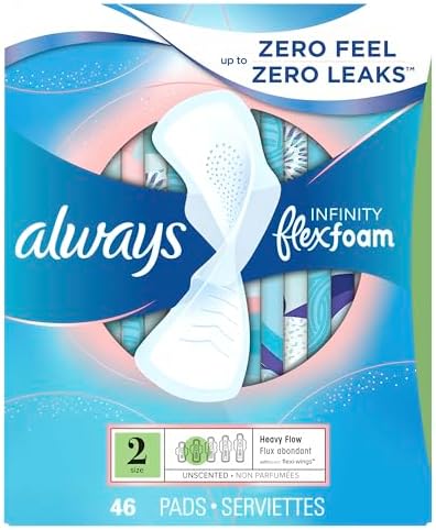 Always Infinity Feminine Pads for Women, Flexfoam Pads with Wings, Size 2, Heavy Absorbency, Unscented, 46 Count
