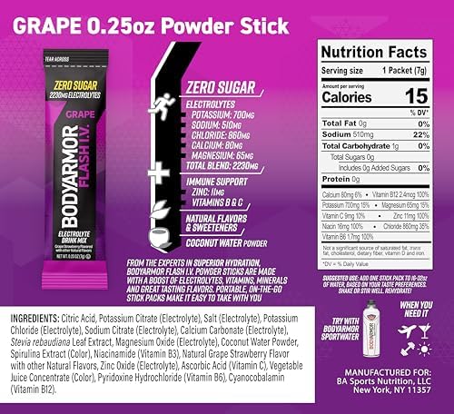 BODYARMOR Flash IV Electrolyte Packets, Strawberry Kiwi - Zero Sugar Drink Mix, Single Serve Packs, Coconut Water Powder (6 Count)